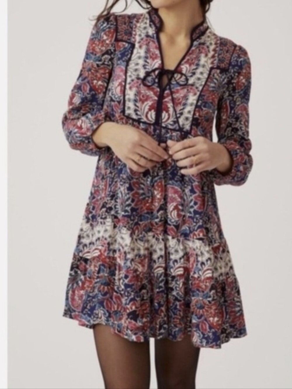 Anthropologie Boho Paisley Tie-Neck Tunic Dress Navy Pink XS (Fits S/M)
